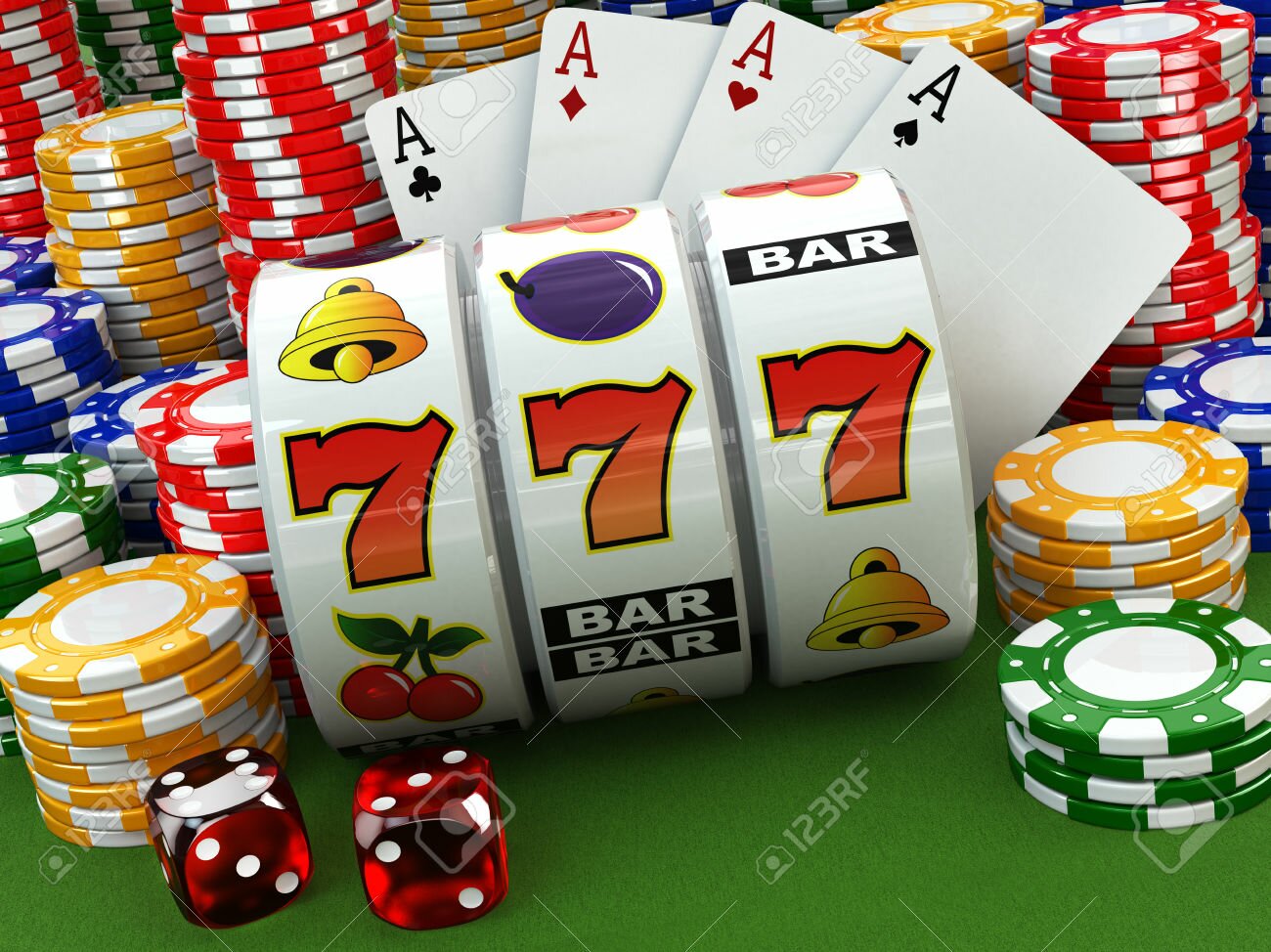 Casino concept. Jackpot. Poker cards, chips and dice. 3d